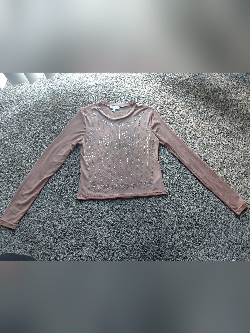 Studded Long-Sleeve Crewneck Top See-throgh